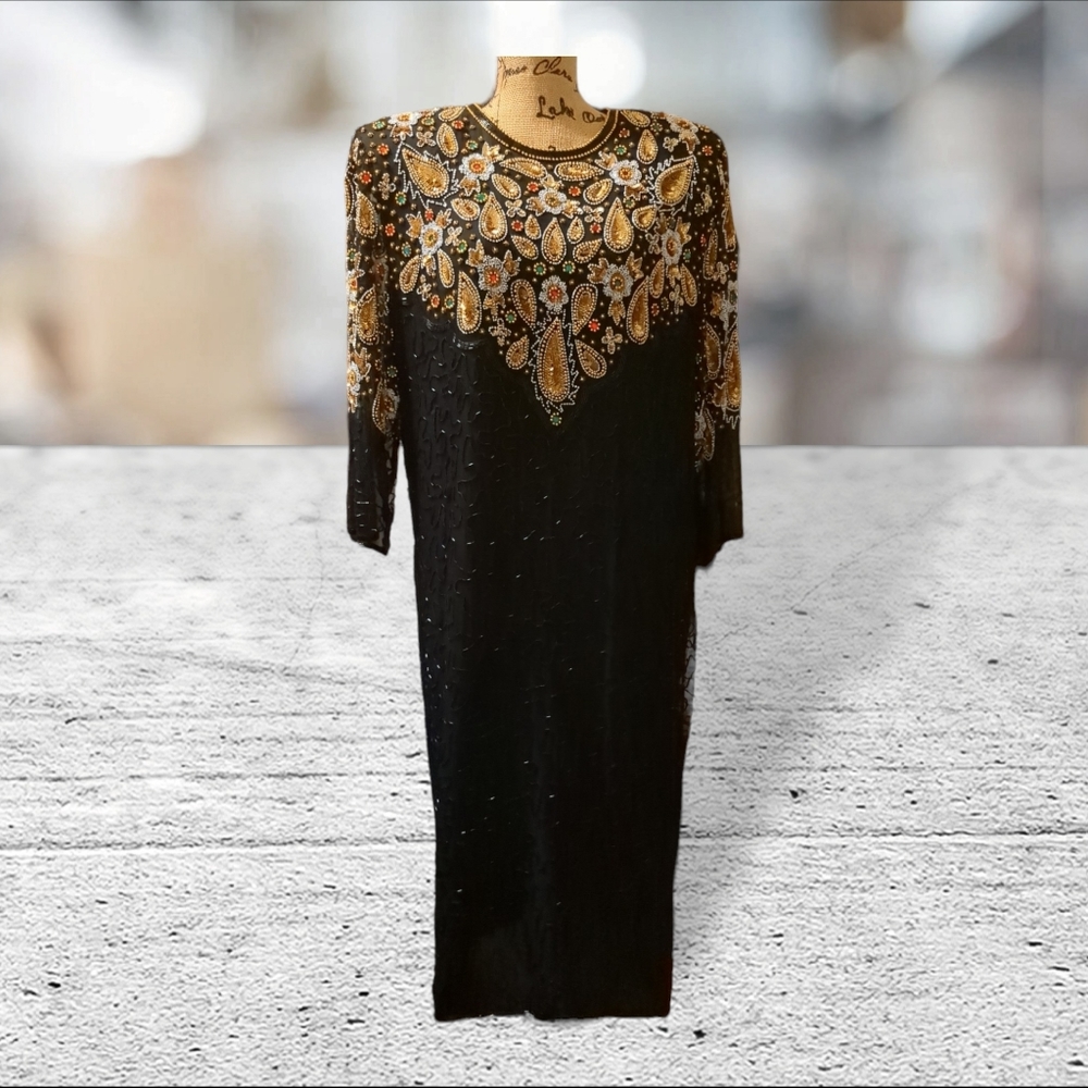 VINTAGE LAURENCE KAZAR 100% silk beaded gown size 2X